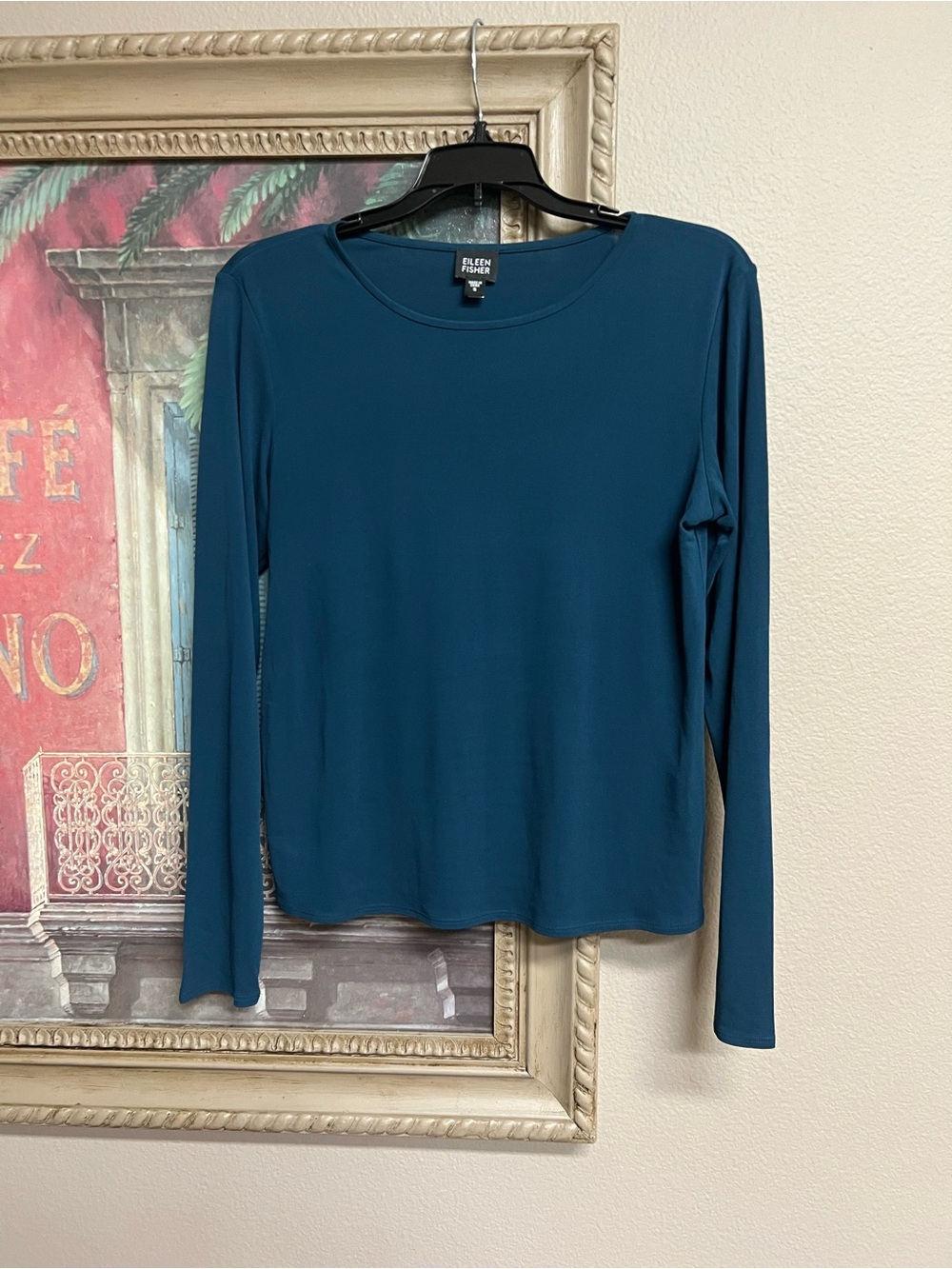 Eileen Fisher Silk Teal-Blue Long Sleeve Crewneck Top